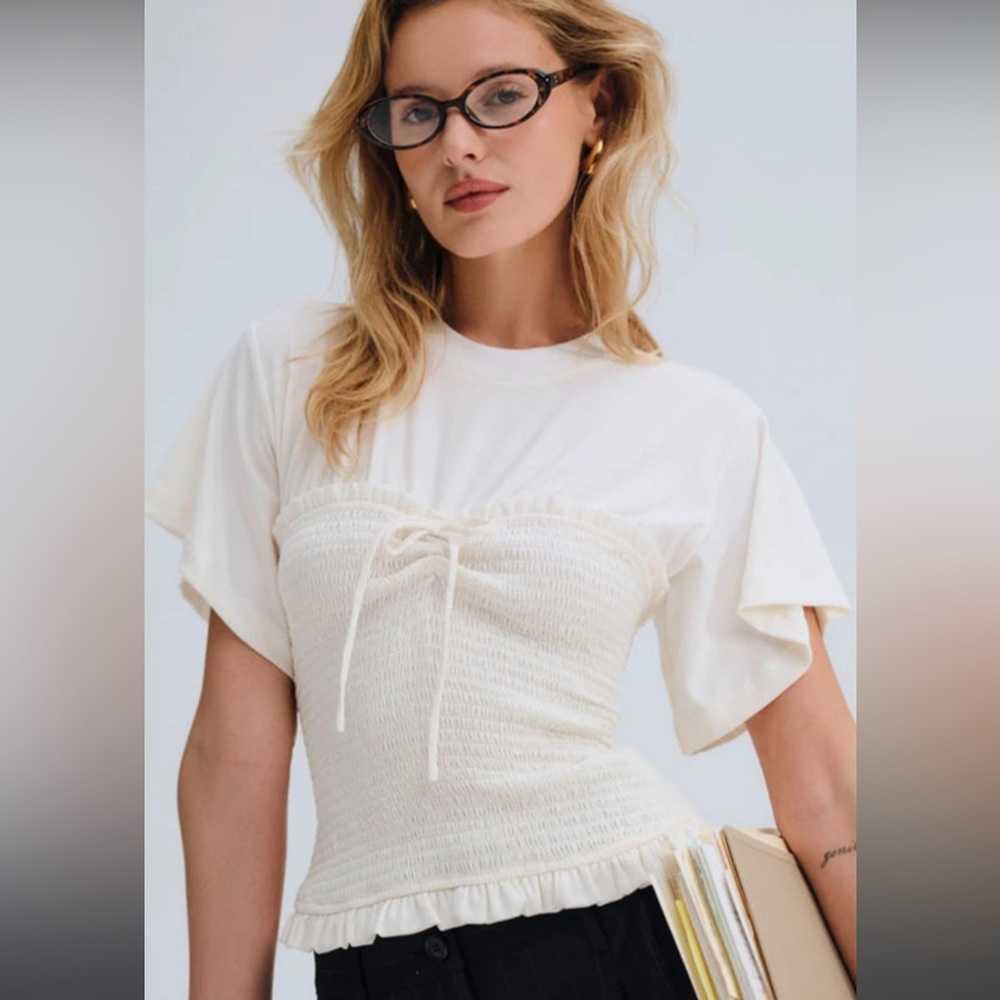 For Love & Lemons Cream Smocked Layered Crop Top